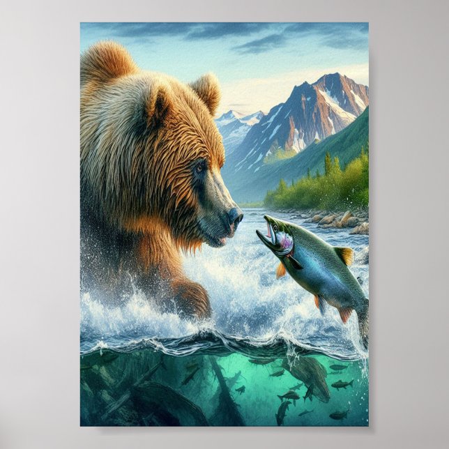 Poster Ours grizzlis avec truite arc-en-ciel saumon 5x7 (Devant)