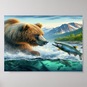 Poster Ours grizzlis avec truite arc-en-ciel saumon 7x5