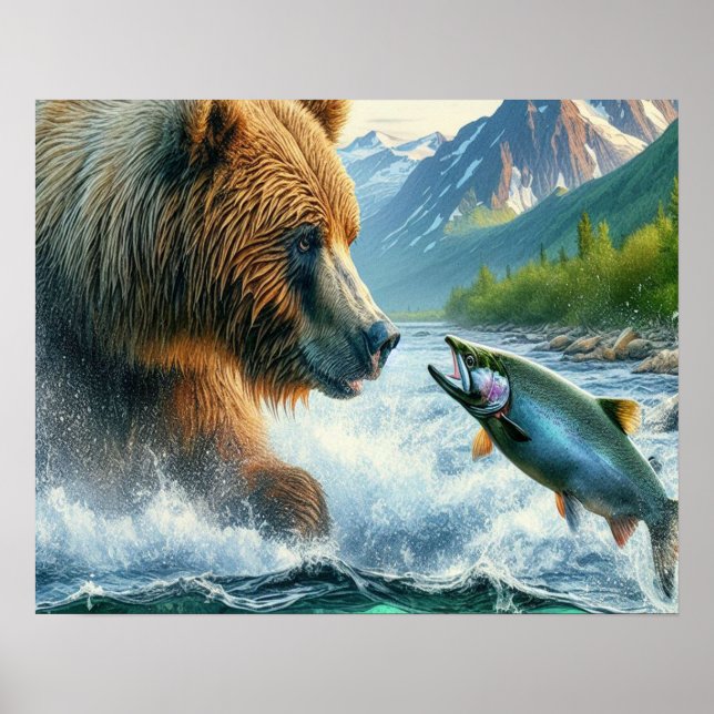 Poster Ours Grizzly avec saumon à truite arc-en-ciel 16x2 (Devant)