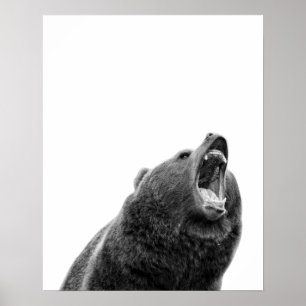 Poster Ours grizzly grognant noir blanc moderne