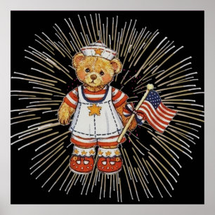 Poster Ours infirmière vintage avec feux d'artifice blanc