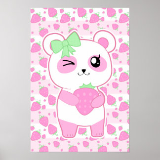 Poster Ours Kawaii Panda rose fraise mignon