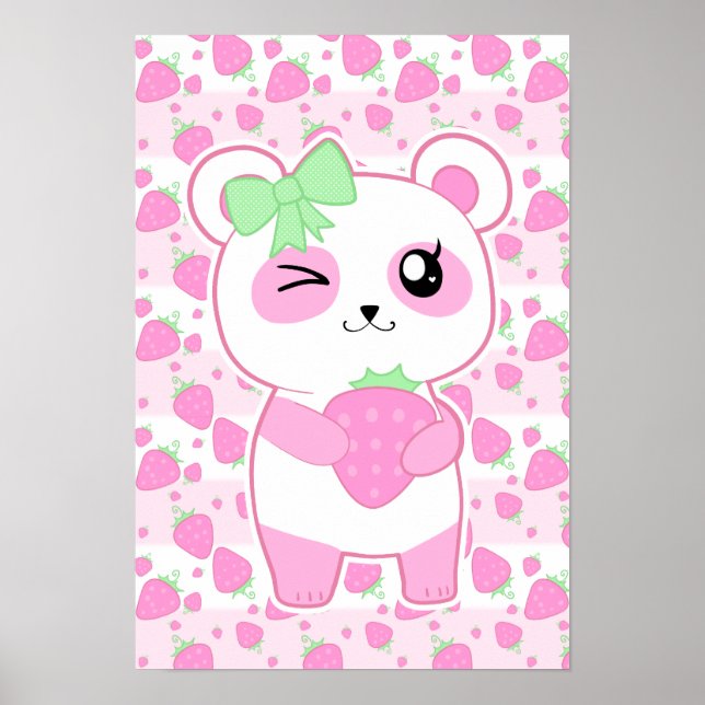 Poster Ours Kawaii Panda rose fraise mignon (Devant)