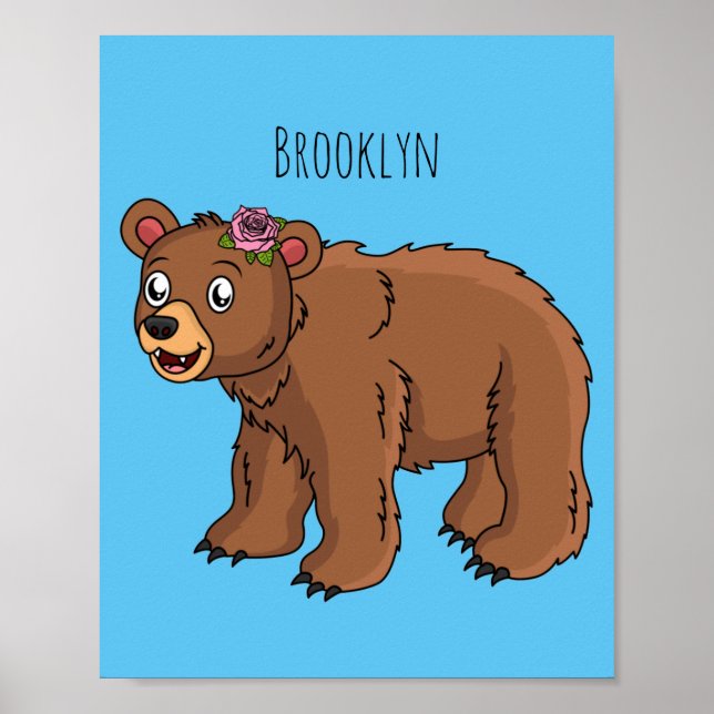 Poster Ours mignon avec dessin animé sur les fleurs (Devant)