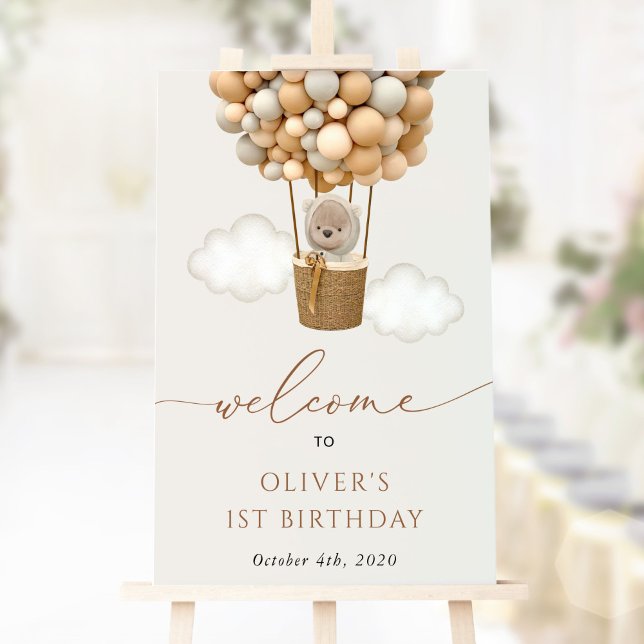Poster Ours mignon, Ballons Beiges, Accueil Premier Anniv (Créateur téléchargé)