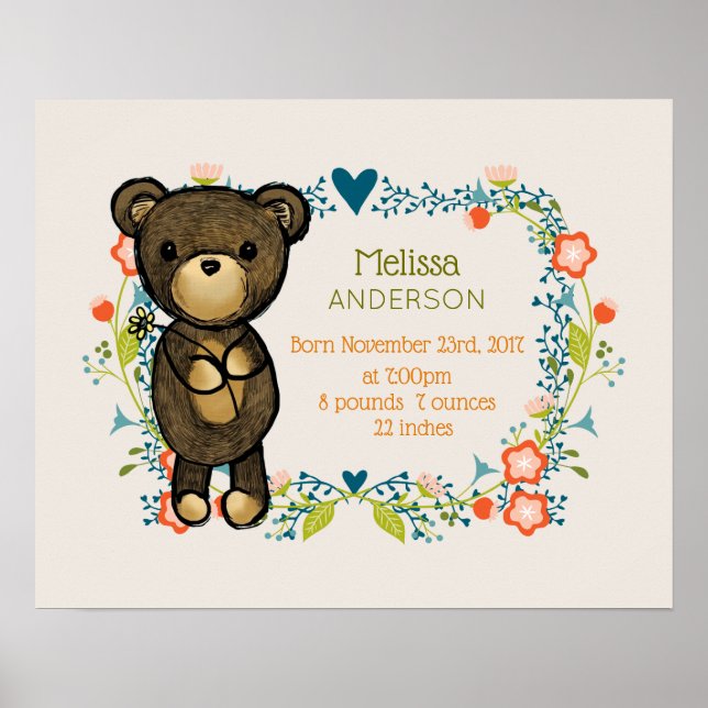 Poster Ours mignon, Fleur Jaune et Fer Floral Wreath Baby (Devant)