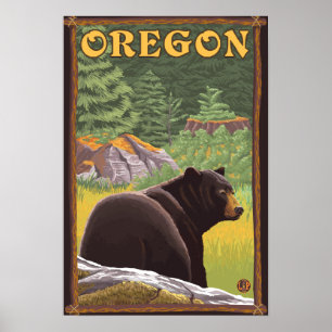 Poster Ours noir dans le Vintage voyage de scène de forêt