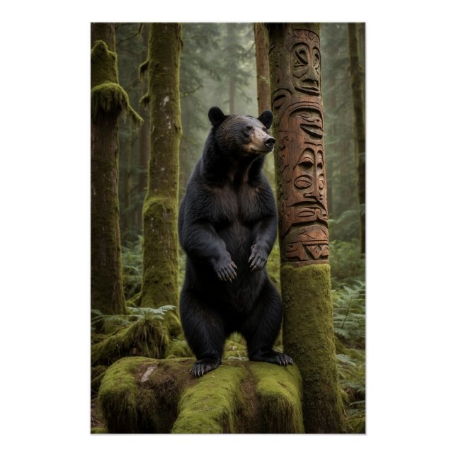 Poster Ours noir et totem Poteau Art de la faune (Devant)