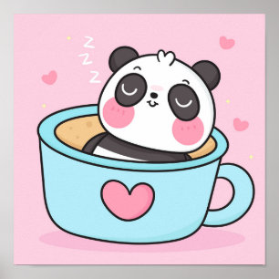 Poster Ours Panda mignon en tasse buvant du thé au café