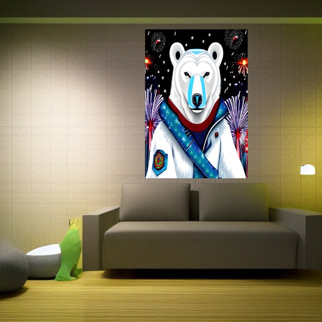 Poster Ours polaire en uniforme et feu d'artifice | Art A (Créateur téléchargé)