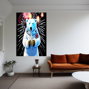 Poster Ours polaire en uniforme et feux d'artifice   Art 