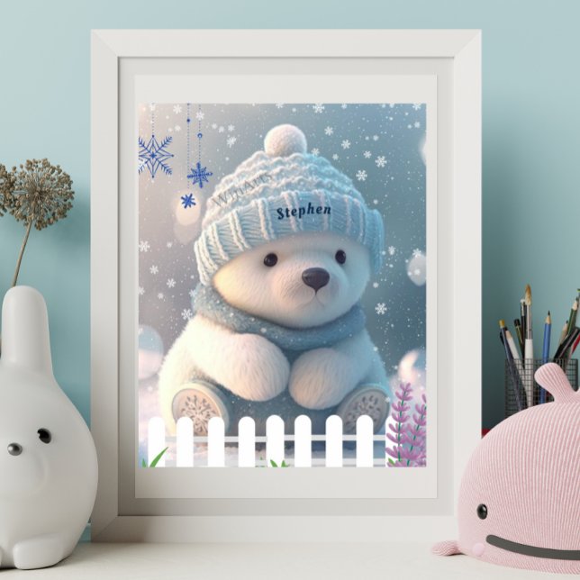 Poster Ours polaire mignon en Casquette bleu neige Écarf  (Créateur téléchargé)
