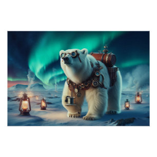 Poster Ours polaire vapeur et Aurora Art