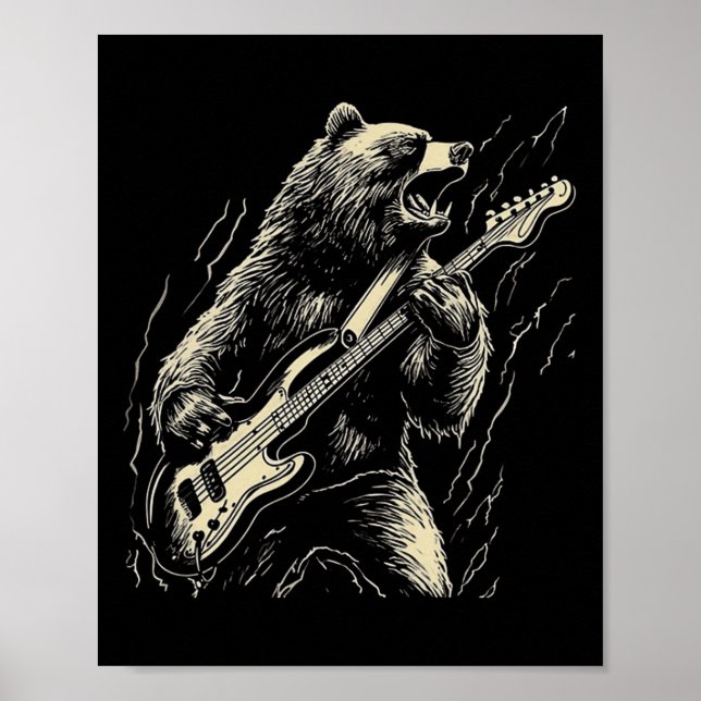 Poster Ours Rétro Jouer Basse Guitare Ours Guitariste Mus (Devant)