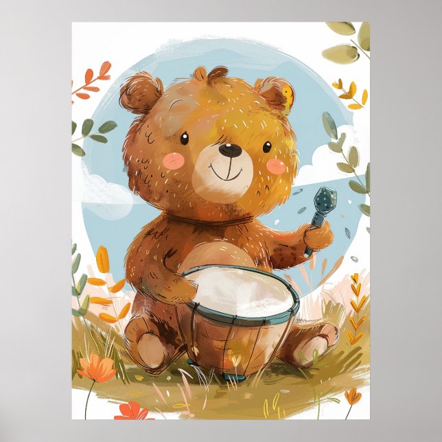 Poster Ours Whimsical Jouer Drum Nursery Wall Art (Devant)