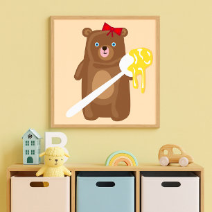 Poster Ourson Mignon avec Cuillère et Nœud Rouge