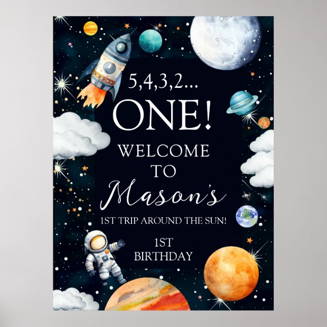 Poster Outer Space Rocket Astronaut 1st Birthday Welcome (Devant)