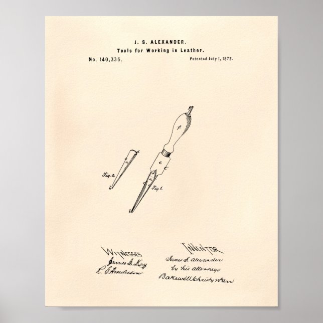 Poster Outil Cuir de travail 1873 Brevet Art vieux poivre (Devant)