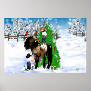 Poster ovale de Noël Cheval et Enfant