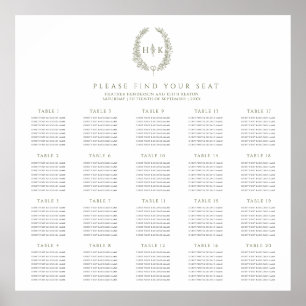 Poster Ovale vert olive blanc 20 tables mariages plan