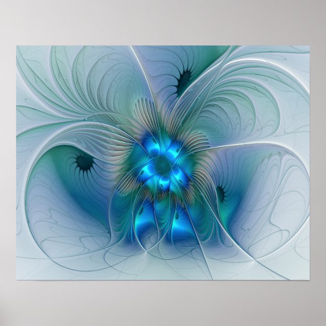 Poster Ovations debout, fractale bleue turquoise abstrait (Devant)
