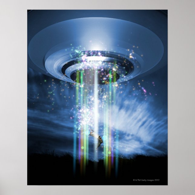 Poster OVNI survolant la Terre en enlevant des humains. (Devant)
