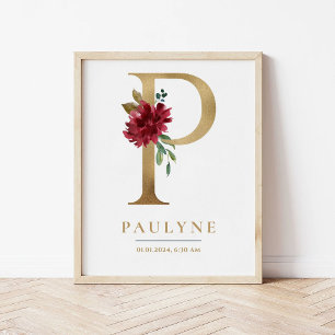 Poster P Lettre Monogramme Nom Marsala Floral Nursery
