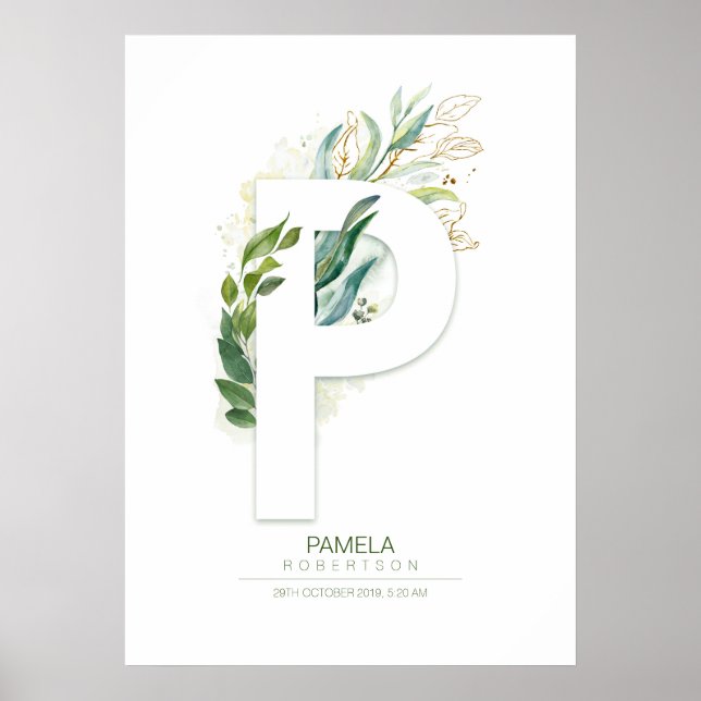 Poster P Lettre Monogramme Or Feuillage Chic (Devant)