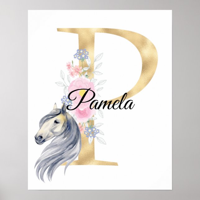 Poster P lettre nom personnalisé monogramme avec cheval (Devant)