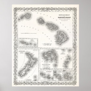 POSTER PACIFIQUE DU SUD ET ÎLES HAWAII CARTE 1855