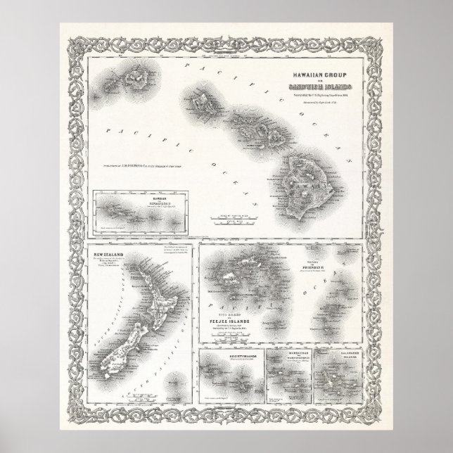 POSTER PACIFIQUE DU SUD ET ÎLES HAWAII CARTE 1855 (Devant)