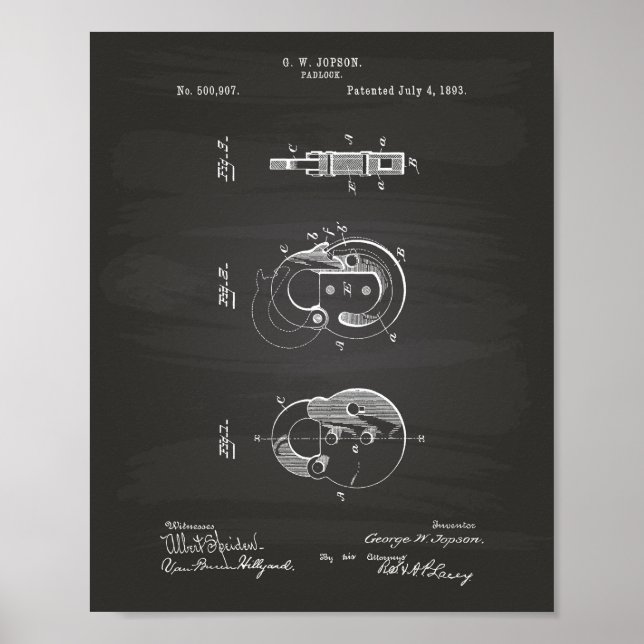 Poster Padlock 1893 Patent Art Chalkboard (Devant)