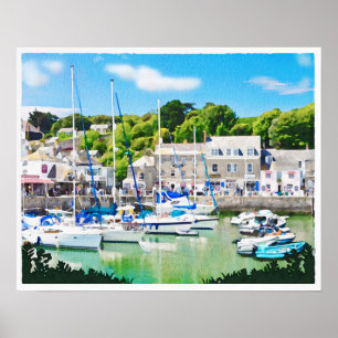 Poster Padstow harbour in Cornwall UK, watercolour.