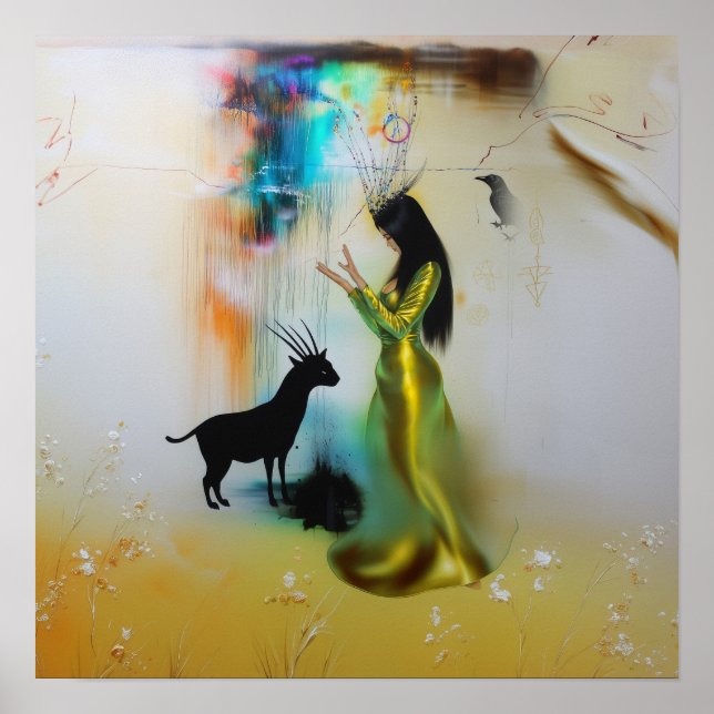 Poster Pagan Priestess Raven Witchy AI Art Matte Value (Devant)