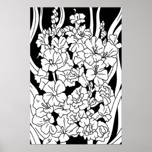 Poster Page de coloriage Belles fleurs sur noir