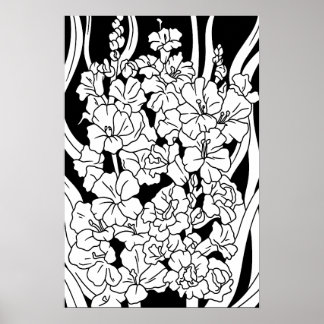 Poster Page de coloriage Belles fleurs sur noir