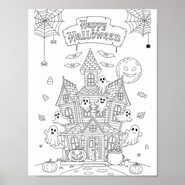 Poster Page de coloriage d'Halloween - Un manoir hanté (Devant)