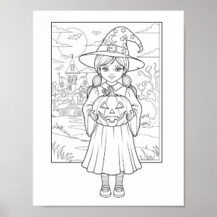 Poster Page de coloriage Halloween - Une fille avec Citro
