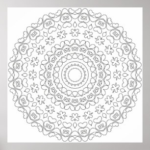 Poster Page de coloriage mandala de cœur avec motif flora