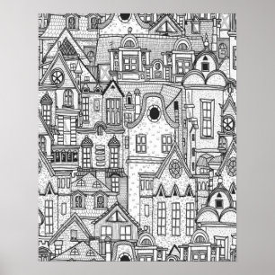 Poster Page de coloriage, Village de campagne classique