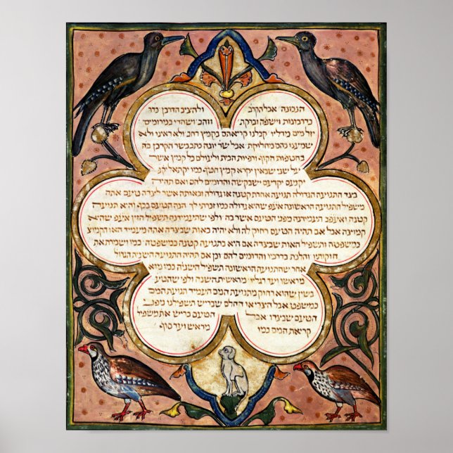 Poster Page d'une Bible hébraïque avec des oiseaux, 1299 (Devant)