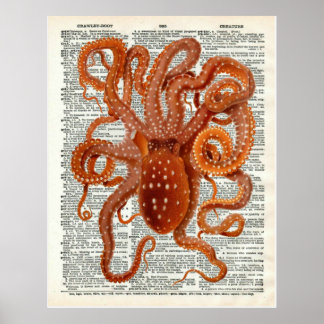 Poster Page vintage Botanique Octopus Art Dictionary
