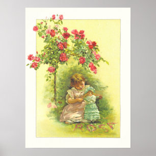 Poster Page vintage enfant avec poupée et livre d'histoir