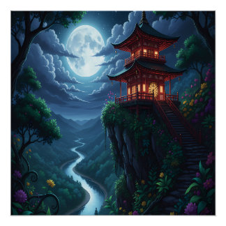 Poster Pagode japonaise au clair de lune sur une falaise