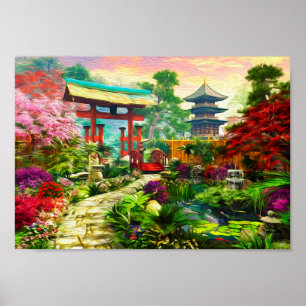 Poster Pagode Japonaise Sakura Et Cascade