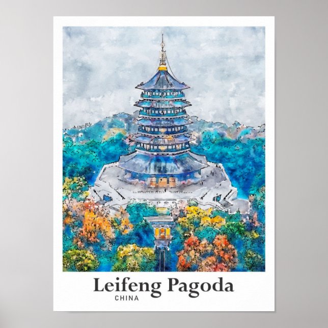 Poster Pagode Leifeng Chine Voyage Aquarelle main tirée (Devant)