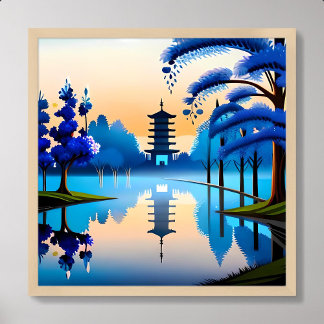 Poster pagode peinture bâtiment japonais lever de soleil 