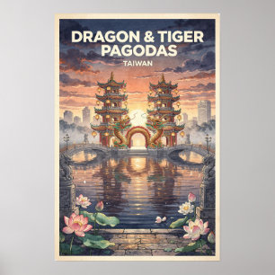 Poster Pagodes du Dragon et du Tigre Taïwan Voyage Rétro