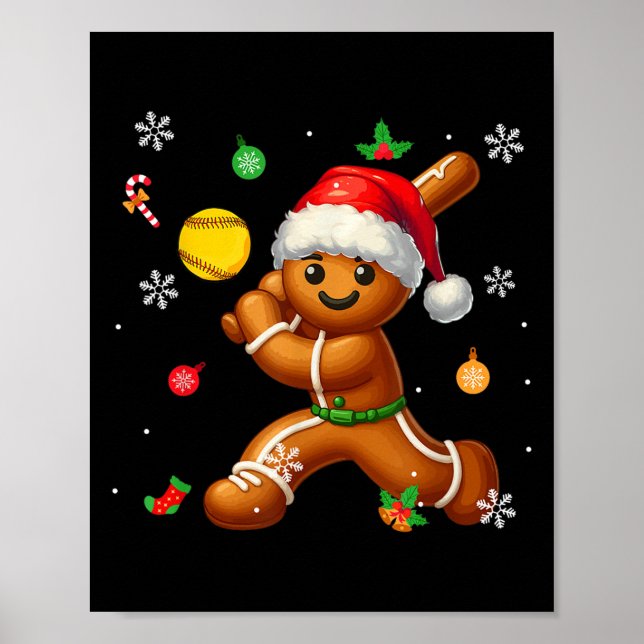 Poster Pain d'épices Jouer au softball Joueur de Noël Enf (Devant)