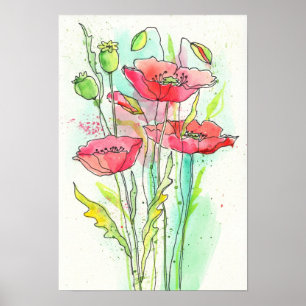 Poster Painted watercolor poppies